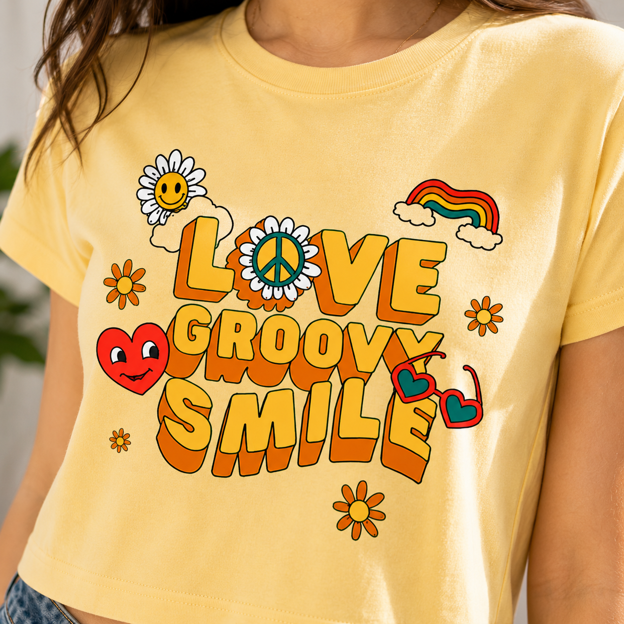 Love Groovy Smile Women's Crop Tee | Retro Graphic Crop Top