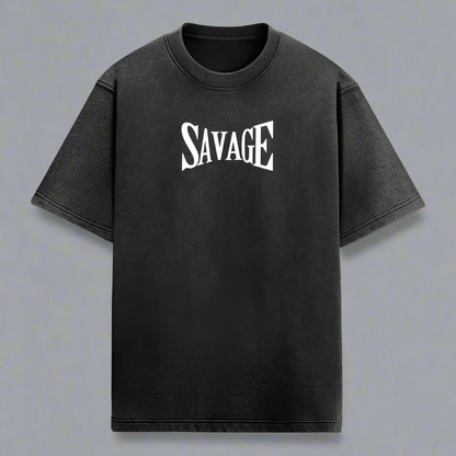 A black oversized t-shirt with the text 'SAVAGE' printed in white on the front.