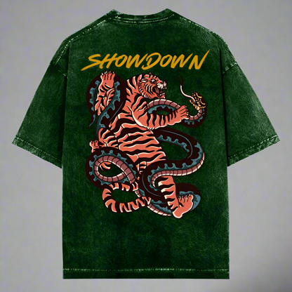 Oversized green t-shirt with 'SHOWDOWN' text and an animal pattern on the front.