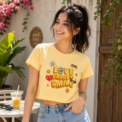 Love Groovy Smile Women's Crop Tee | Retro Graphic Crop Top