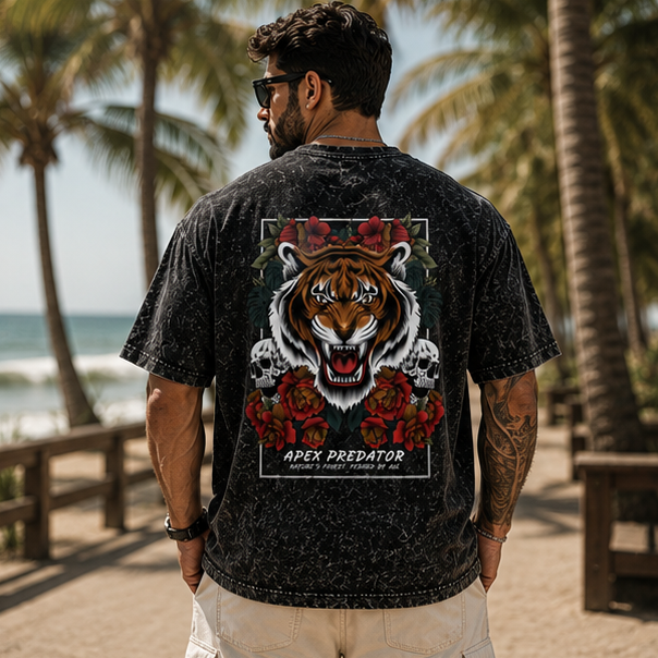 Collage of a man wearing a black t-shirt with a tiger design on the back, in various settings.