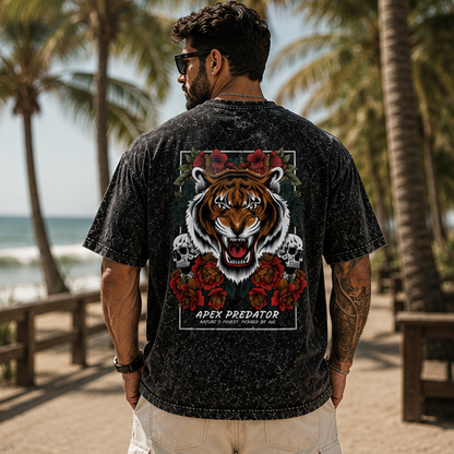 Collage of a man wearing a black t-shirt with a tiger design on the back, in various settings.