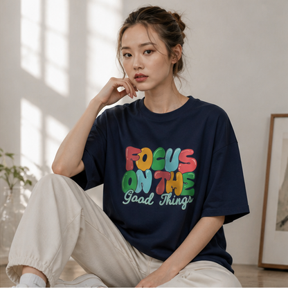 Focus On The Good Things Oversized T-Shirt | Women's Positive Vibes Navy Tee