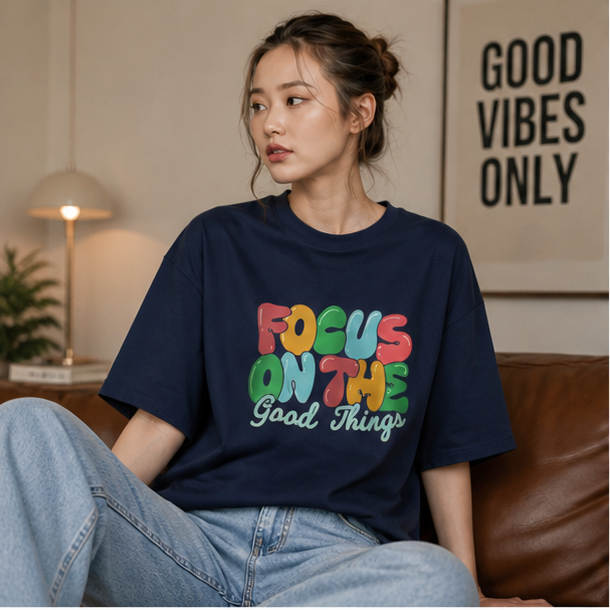 Focus On The Good Things Navy Oversized Tee | Women's Graphic Tee