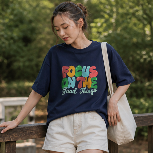 Focus On The Good Things Oversized T-Shirt | Women's Positive Vibes Navy Tee