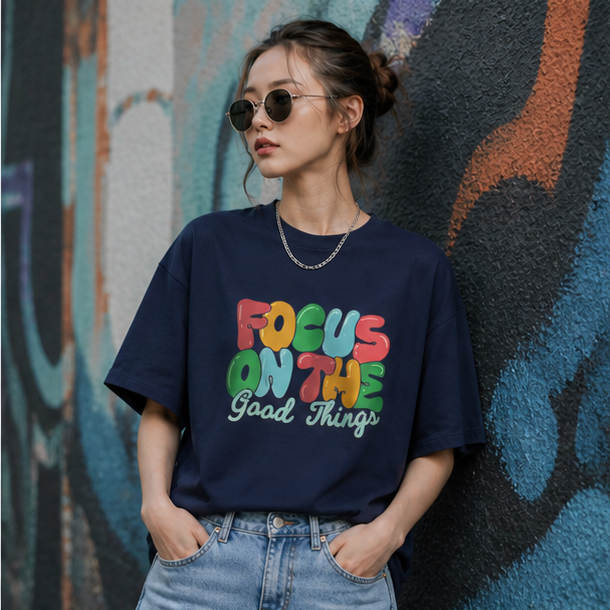 Focus On The Good Things Oversized T-Shirt | Women's Positive Vibes Navy Tee