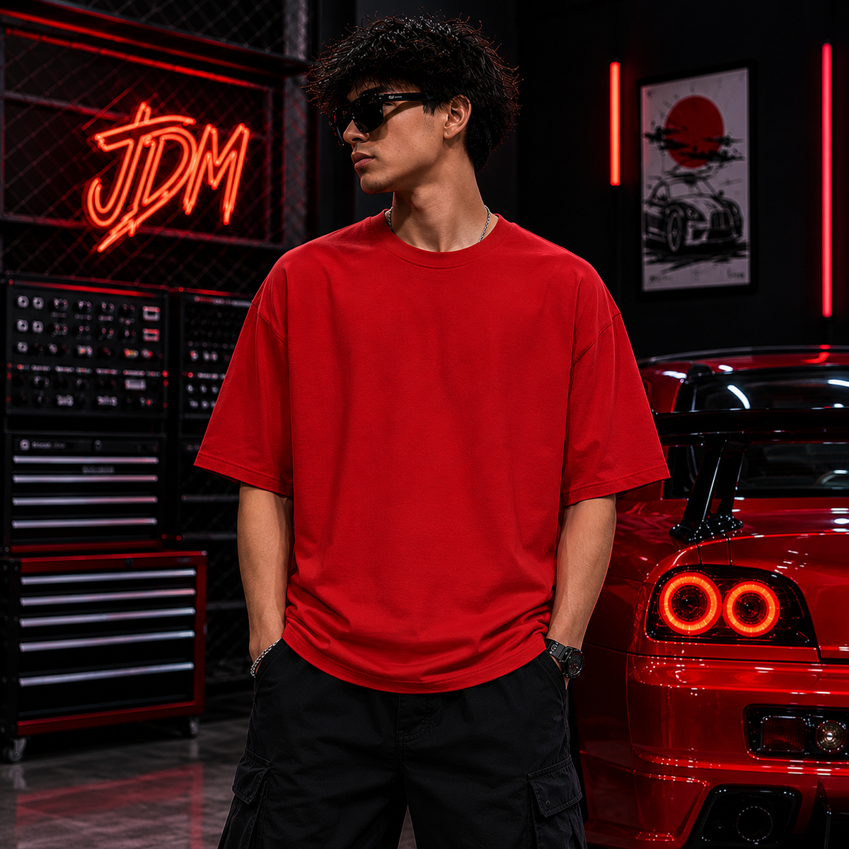 JDM Oversized T-Shirt | Japanese Car-Culture Streetwear – Red