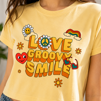 Love Groovy Smile Women's Crop Tee | Retro Graphic Crop Top