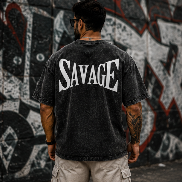 Man wearing a black t-shirt with 'SAVAGE' printed on it, shown from different angles.