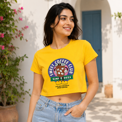 Sweet Coffee Club Women's Crop Tee | Coffee Lover Graphic Crop Top
